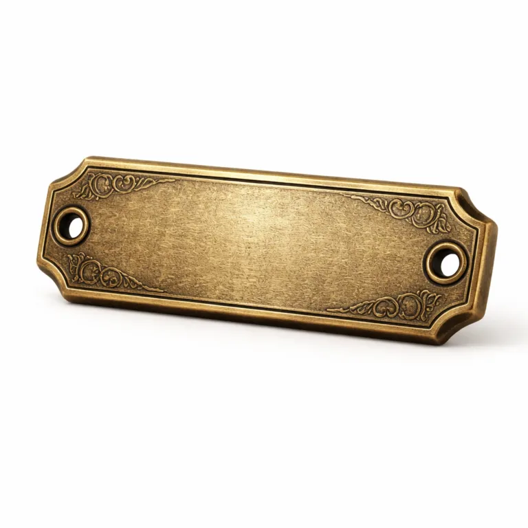 Studio product photo of a thick antique brass garment tag, featuring chamfered edges, etched blank area for logo placement, and rivet holes on both ends, designed for secure attachment on garments.
