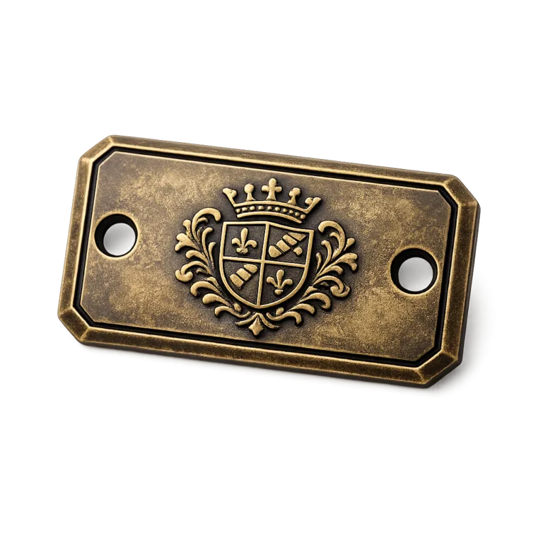 An antique brass garment tag with an embossed emblem detail, beveled edge, and two precision holes for sewing. The vintage brass finish adds character with its subtle aged patina.
