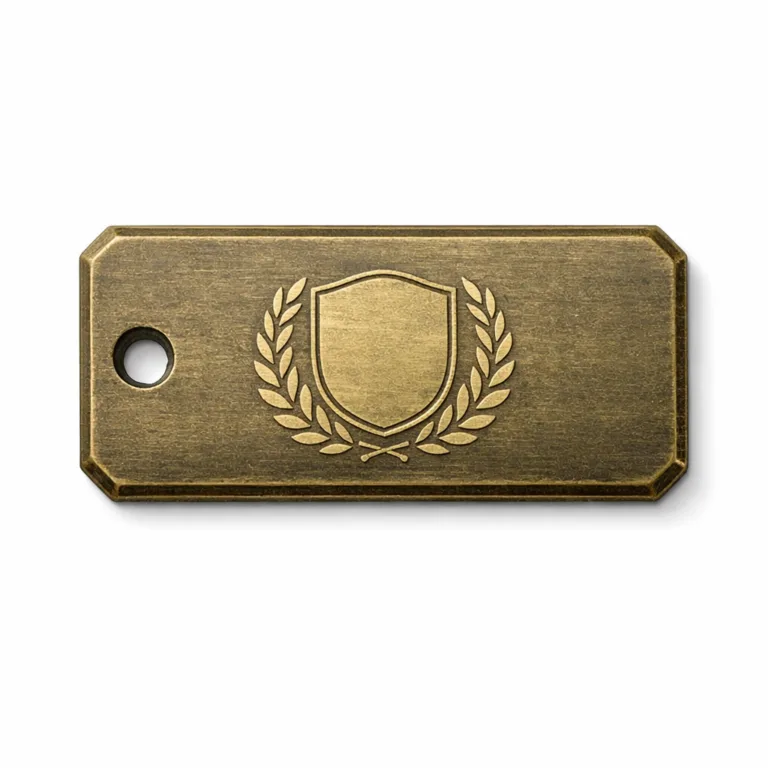 Antique brass finish garment tag in a rectangle form, designed for rivet attachment with a single clean hole. Featured chamfered edges and an etched blank logo emblem, lending a vintage aesthetic to garments.