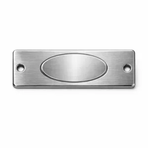 Garment tag plate in brushed stainless steel look, featuring two sewing holes for easy attachment. Subtle blank emblem is lightly engraved at the center. Realistic micro-brushed texture for a sleek modern finish.