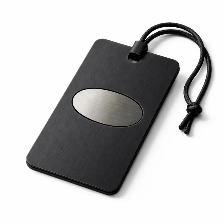 Matte nickel black plated garment tag featuring rounded corners and a laser engraved blank emblem on the front. Designed for a sleek, understated look suitable for various garment styles.