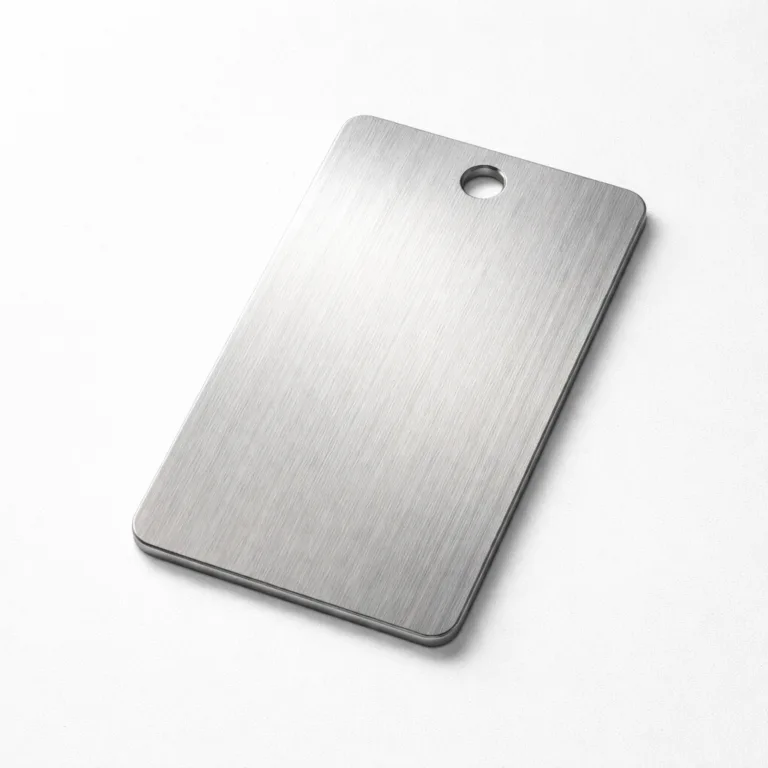 Brushed stainless steel garment tag designed for garments, featuring debossed front detail and rounded corners. The tag includes a single sewing hole for easy attachment and a modern blank emblem shape.