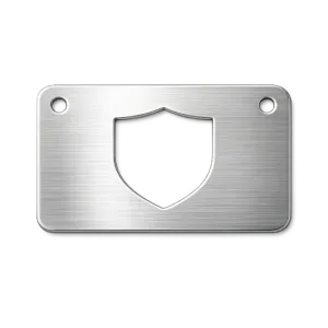 A brushed stainless steel garment tag featuring a large emblem cut-out, double sewing holes, and a fine brushed finish for a contemporary look. Ideal for attaching to apparel.