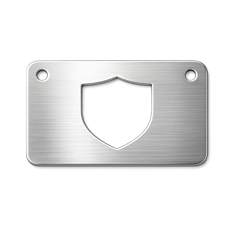 A brushed stainless steel garment tag featuring a large emblem cut-out, double sewing holes, and a fine brushed finish for a contemporary look. Ideal for attaching to apparel.