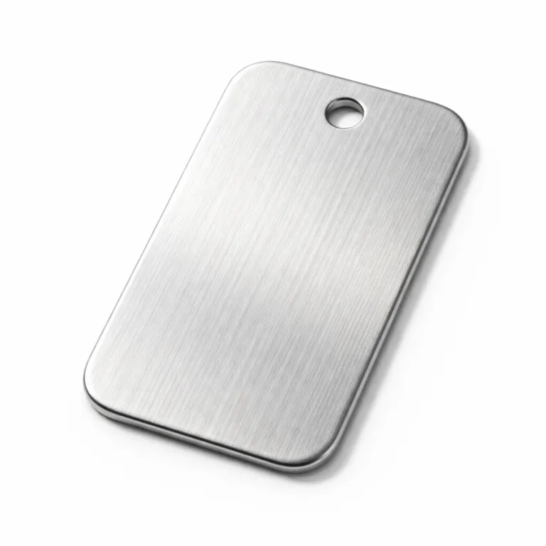 Brushed stainless steel garment tag with rounded corners and a single sewing hole. The brushed finish highlights a subtle vertical grain, providing a modern, durable appearance ideal for premium apparel branding.