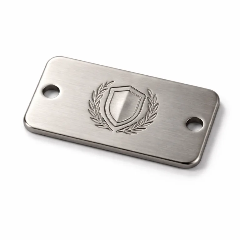 A brushed stainless-look matte nickel garment tag made from zinc alloy, featuring rounded corners, double sewing holes, and a lightly embossed emblem detail. Ideal for durable garment branding.
