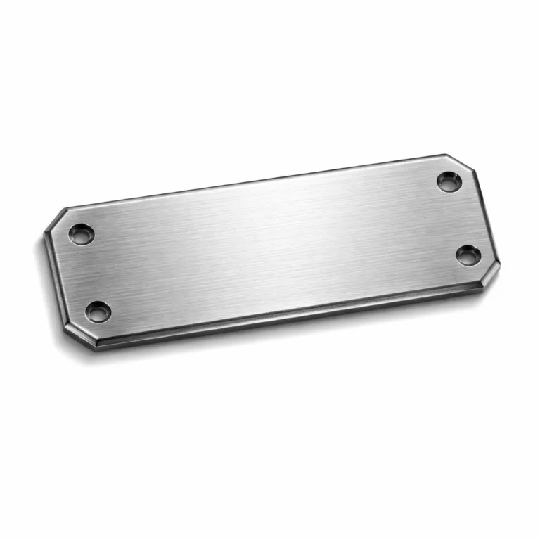A high realism, sharp photo of a brushed stainless steel garment tag featuring beveled edges, subtle laser engraved blank area for generic branding, and double sewing holes suitable for garment attachment.