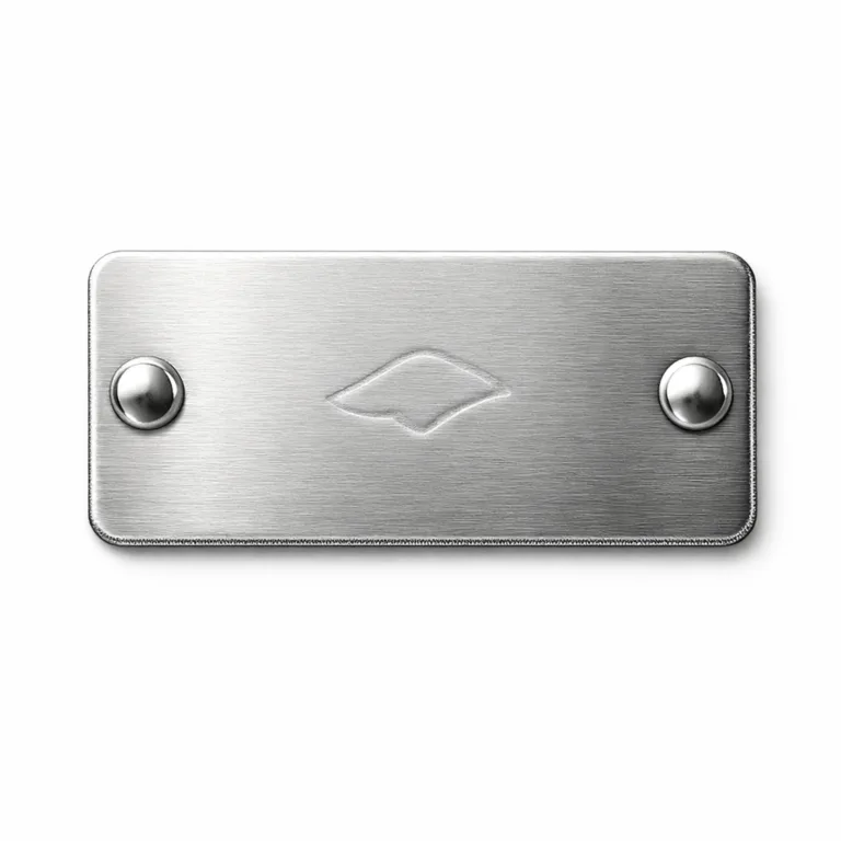 Rectangular brushed stainless steel garment tag designed for rivet attachment, featuring double clean holes and rounded corners. The front shows a subtle embossed logo emblem without text, making it ideal for premium branded garments.