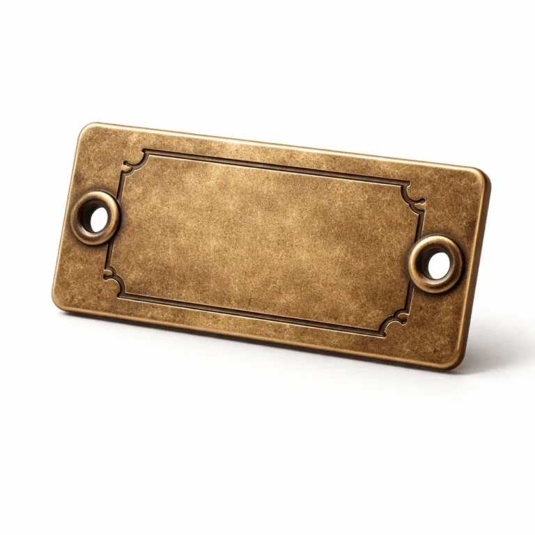 An antique brass clothing label tag showcasing an aged surface finish, classic flat profile, double rivet holes for secure attachment, and a deeply etched blank design to highlight craftmanship.