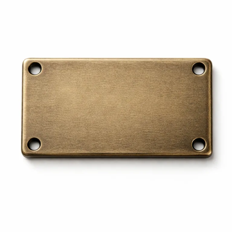 An antique brass garment tag with a sandblasted matte surface and a thicker profile, designed with small sewing holes in each corner and a blank emblem etched into the face. High quality studio photo suitable for product listings.