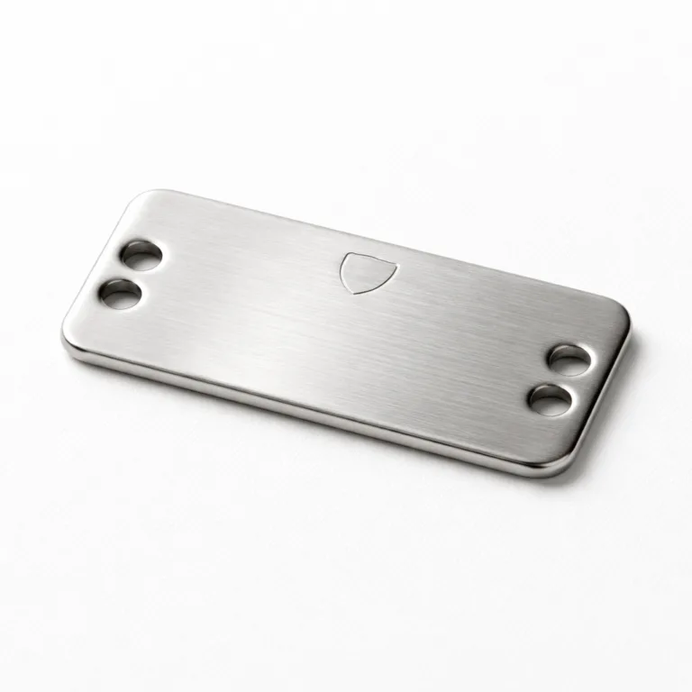 A brushed stainless steel clothing label tag featuring a rectangular shape with rounded corners, double sewing holes on each end, and a subtle blank emblem on the top surface. Designed for durability and easy attachment to garments.