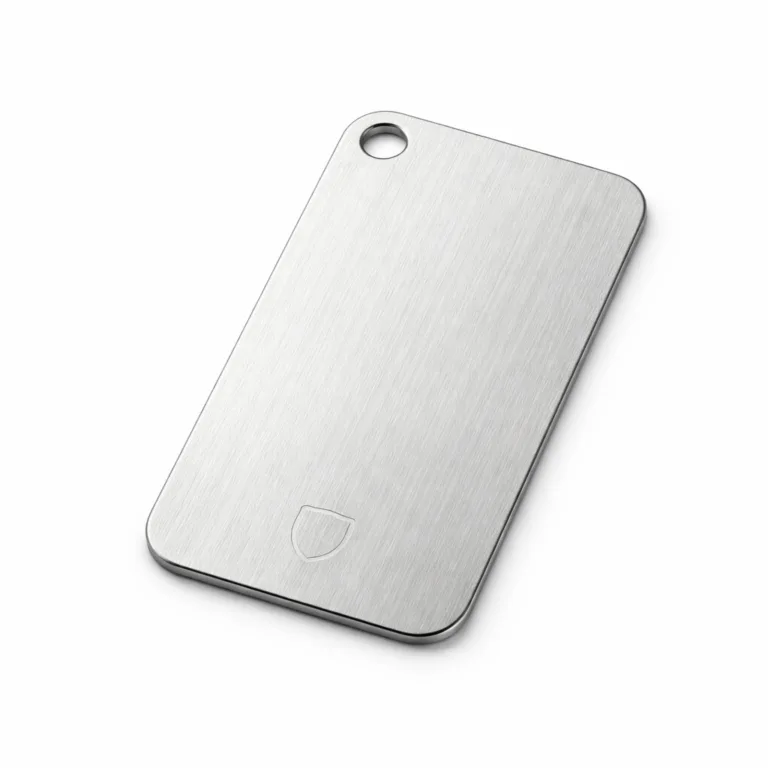 A realistic brushed stainless steel garment tag featuring rounded corners, a single hole for attachment, and a subtle blank emblem laser-engraved into the surface. Captured in a commercial studio setting with sharp detail, perfect for e-commerce.