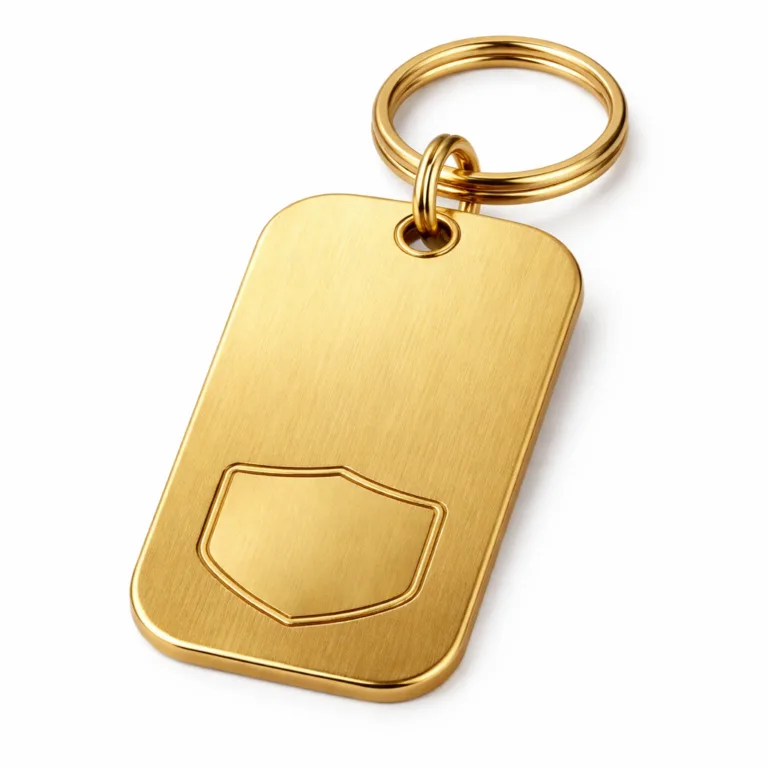 A gold-plated keychain tag crafted from brass, displaying a brushed surface texture and rounded corners. Features a single hole for ring attachment and a debossed blank emblem detail on the front.