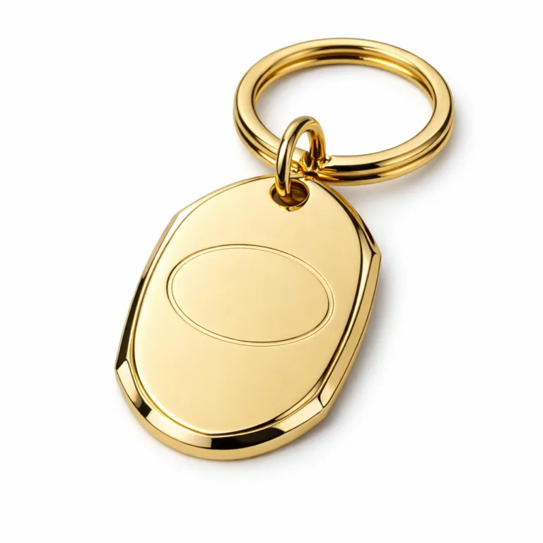 A single gold-plated keychain tag made from zinc alloy, featuring a mirror polished finish and beveled edge. Includes a split ring attachment and a blank emblem engraving on the front surface.