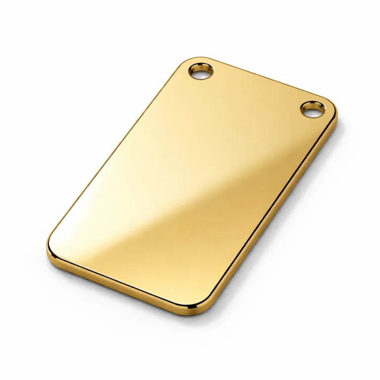 UC Tag gold plated bag tag crafted with a brilliant mirror polished anodized aluminum effect. Features rounded corners and two attachment holes for versatile use on different bags.