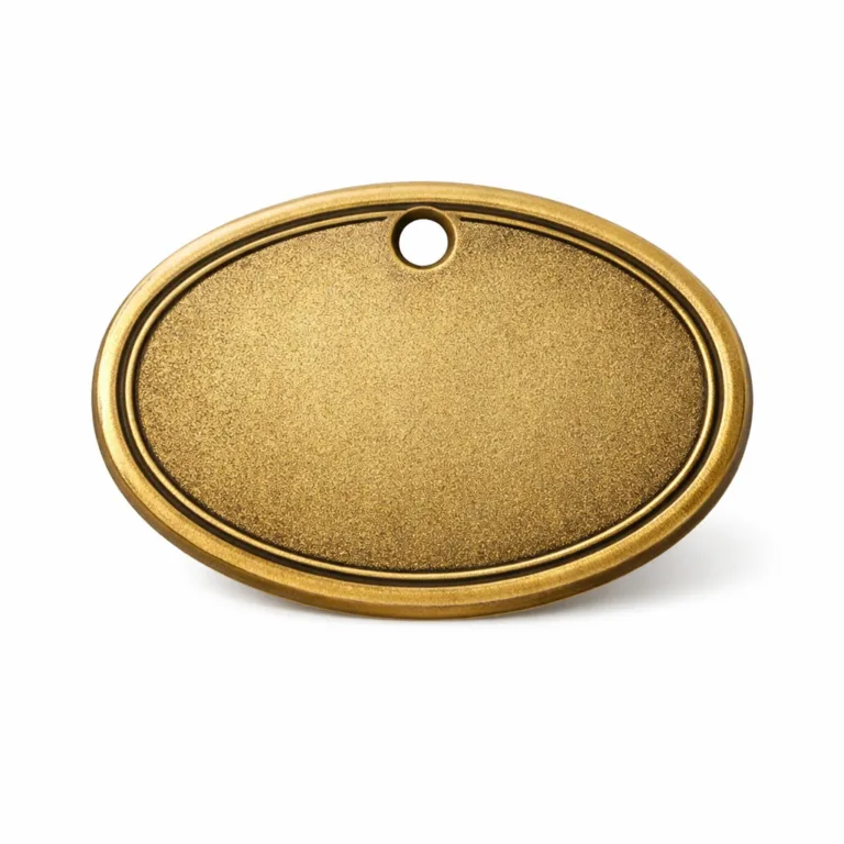 UC Tag bag tag with gold antique brass finish, sandblasted matte surface for vintage appeal, beveled edge with subtle debossed detailing, and a top hole for attachment. Durable and elegant.