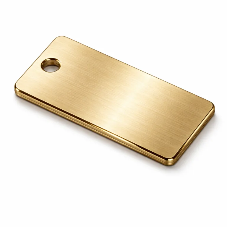 UC Tag brushed stainless-look gold bag tag, rectangular with a polished edge and single top hole. Features a finely brushed texture for a premium look, perfect as a customizable luggage tag.