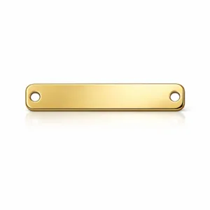 A bright and polished gold-plated bracelet tag crafted from brass, featuring a flat rectangular profile, smoothly rounded corners, and a single hole at each end for secure bracelet attachment. Ideal for upscale jewelry branding or personalization.