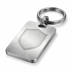 A heavy-duty keychain tag crafted in brushed stainless steel, featuring rounded corners for a smooth feel. The front displays a laser engraved blank emblem. The tag is attached to a split ring, making it sturdy for everyday use. Shown on a crisp white background, highlighting the metallic texture and fine craftsmanship.