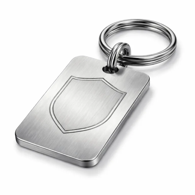 A heavy-duty keychain tag crafted in brushed stainless steel, featuring rounded corners for a smooth feel. The front displays a laser engraved blank emblem. The tag is attached to a split ring, making it sturdy for everyday use. Shown on a crisp white background, highlighting the metallic texture and fine craftsmanship.