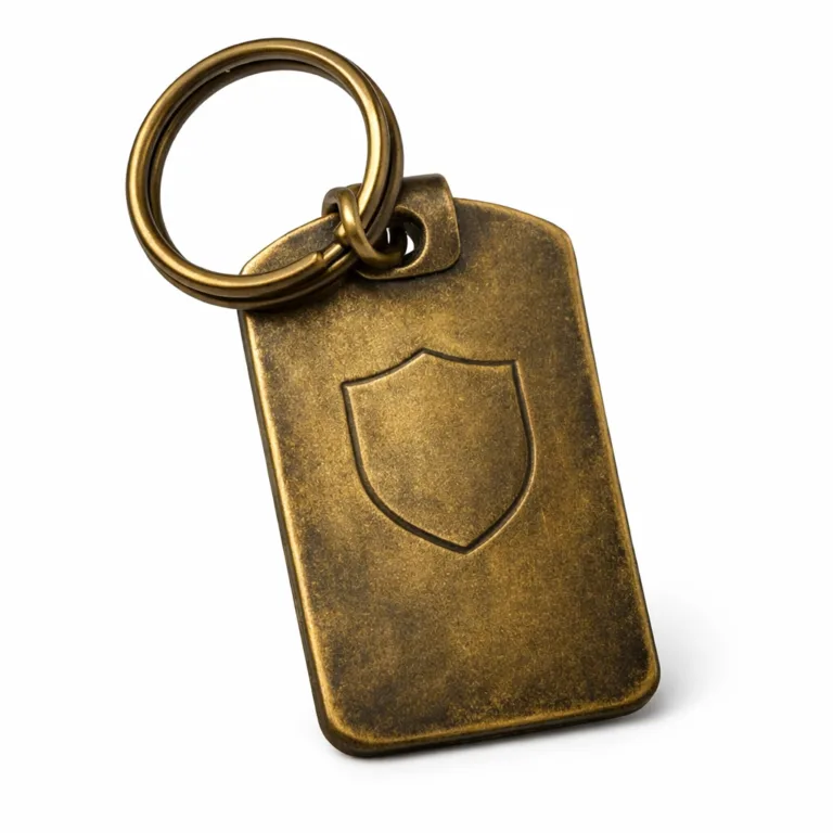 A vintage-inspired luggage tag in an antique brass finish, featuring a subtle embossed emblem shape on the front. The split ring attachment adds functionality. Styled in a studio for refined e-commerce product visualization.