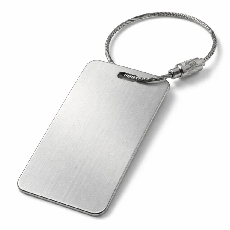 A heavy-duty luggage tag crafted from brushed stainless steel with a smooth, brushed finish and rounded corner design. Features a split ring for secure attachment to luggage. Photographed in high realism on a white background for e-commerce display.