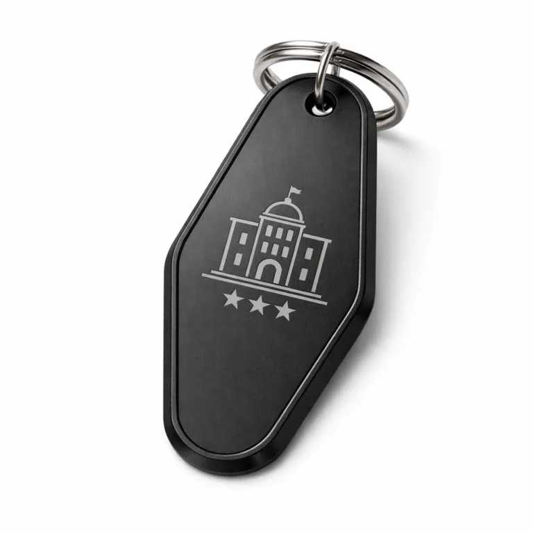 A hotel keychain tag in matte anodized aluminum with a beveled edge profile. The tag features an etched, non-readable emblem on the front and includes a robust split ring for attachment.