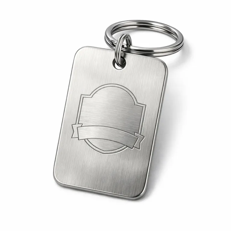 A brushed stainless steel hotel keychain tag featuring rounded corners and a laser engraved blank emblem, finished with a sturdy split ring attachment. Ideal for modern hotel key management.