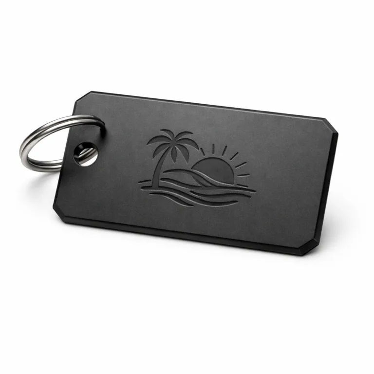 A luggage tag made from anodized aluminum with a smooth matte black finish, beveled edges, a subtly embossed emblem, and a single hole for split ring attachment. The perfect choice for a contemporary, durable tag.