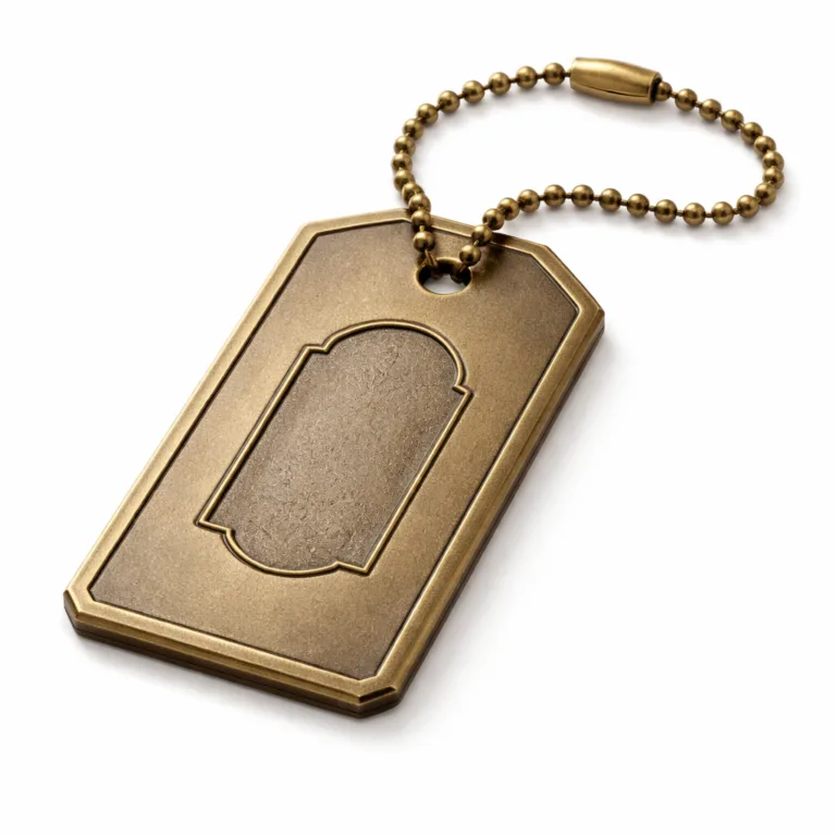 This realistic luggage tag variant features an antique brass plated zinc alloy body with a textured sandblasted matte surface, chamfered edges, a deep debossed emblem, and double holes suitable for ball chain attachment, evoking vintage style and durability.