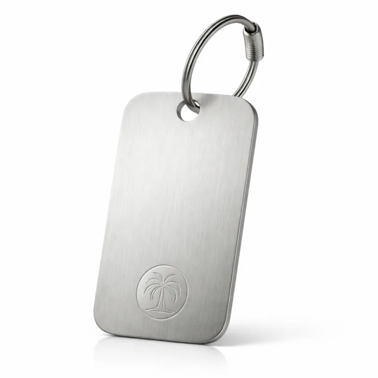 A high-realism luggage tag crafted from brushed stainless steel, featuring rounded corners, a delicately etched emblem, and a single hole designed for a split ring attachment. Ideal for sleek, modern travel accessories.