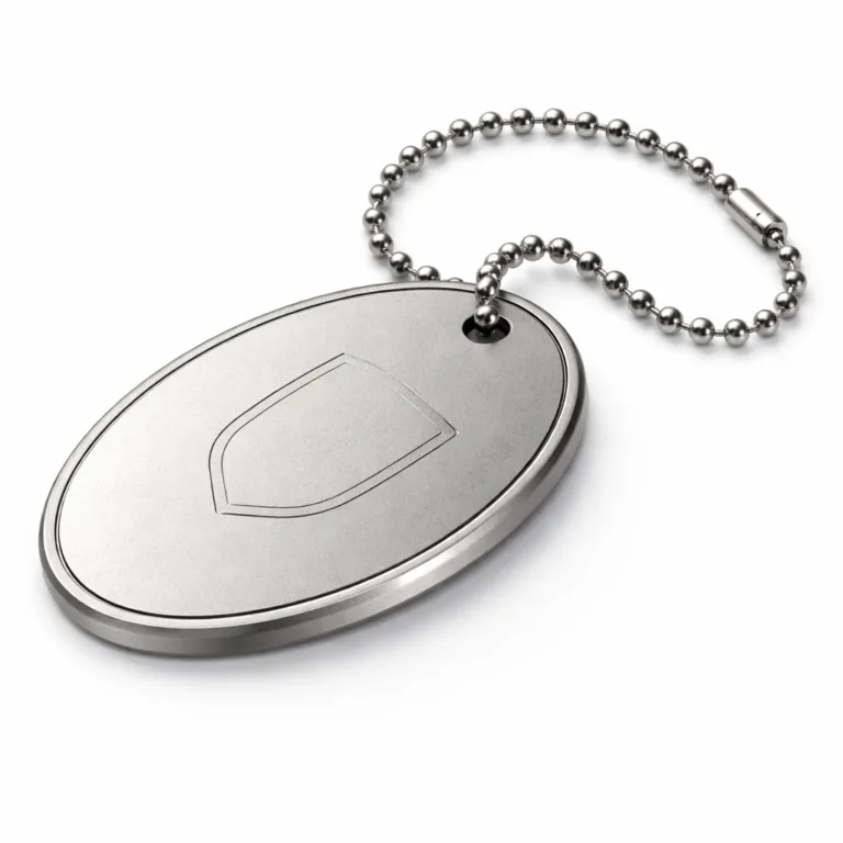A lightweight oval keychain tag made of anodized aluminum in a matte nickel finish, featuring beveled edges and a debossed emblem outline. Paired with a ball chain and presented on a crisp white background.