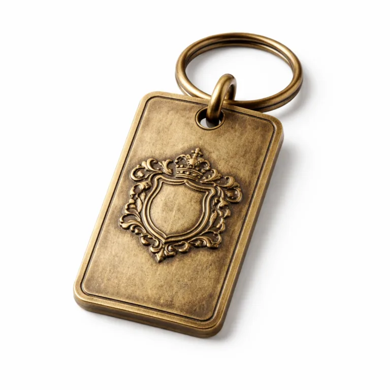 An antique brass keychain tag designed with a classic rectangular profile. The front surface features an elegantly embossed emblem shape, ensuring a distinctive look without any readable text. Comes with a hole for split ring attachment. Ideal for vintage-inspired key marking.