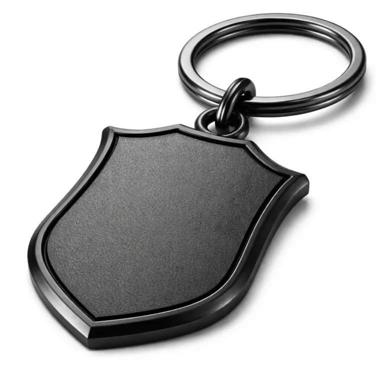 A modern die-cast keychain tag in a matte black nickel plating with sandblasted texture and chamfered edges. Features a clean, blank emblem surface and comes attached to a split ring.