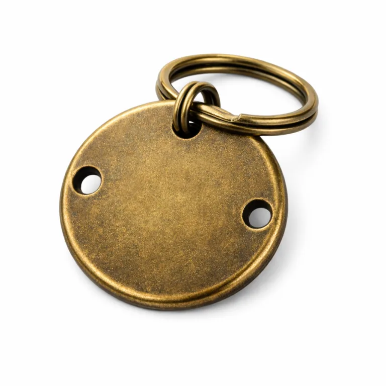 This circular keychain tag features an antique brass finish and etched detailing, designed with double holes and softly rounded edges, and comes with a split ring, all showcased in a crisp studio setting.