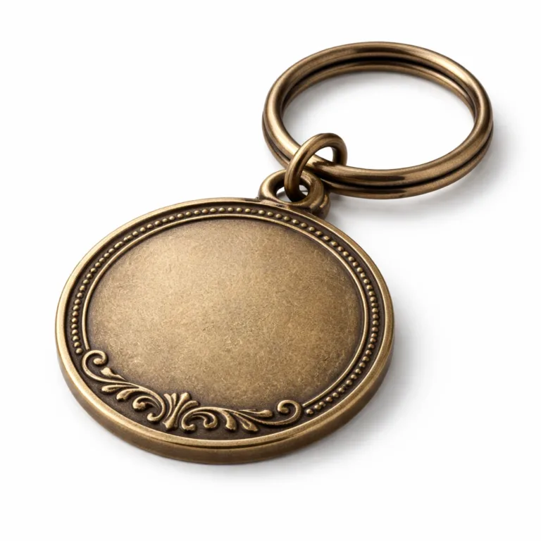 A studio photo of a round antique brass keychain tag with an embossed blank emblem, rounded corners for a classic feel, and a split ring. Perfect for vintage-inspired style seekers.