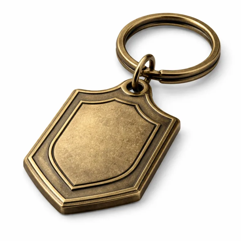 A sturdy keychain tag in antique brass finish, featuring a chamfered edge for added detail and an embossed blank emblem area on the front. Comes attached to a split ring for practical use.
