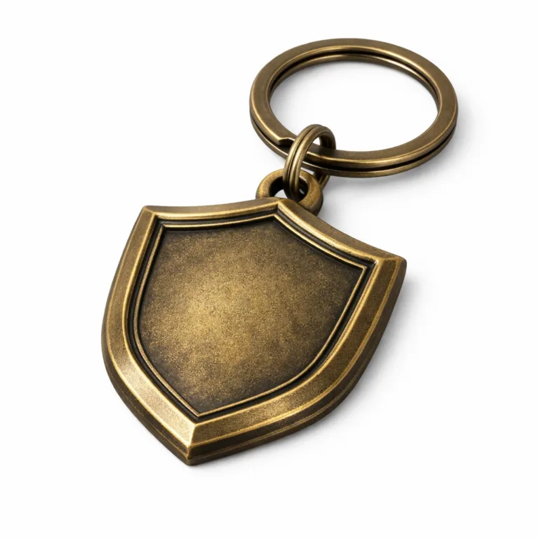 A die-cast keychain tag with an antique brass finish, featuring a beveled edge and debossed emblem design. The tag is fitted with a split ring for easy attachment.