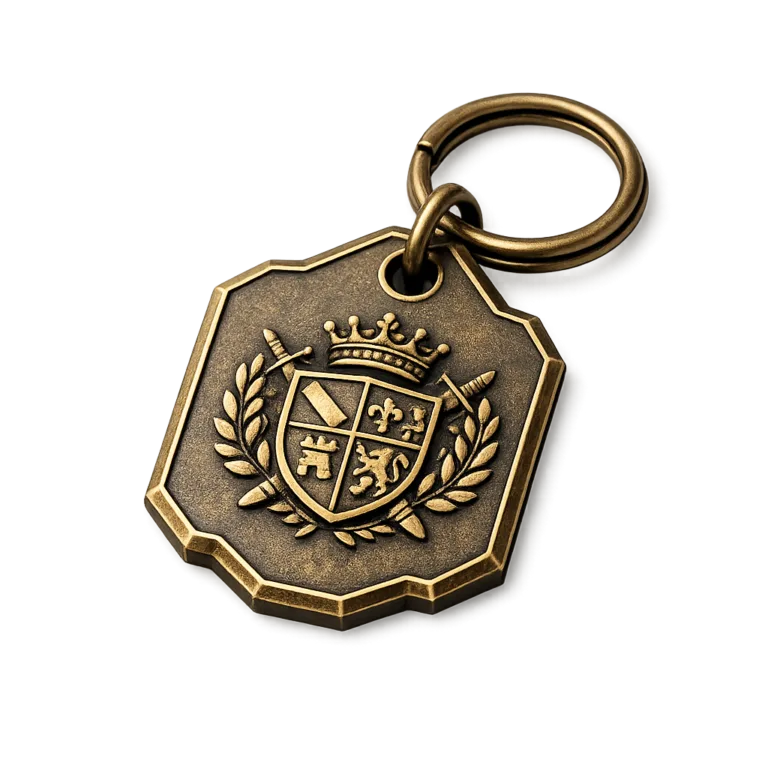 An antique brass keychain tag featuring a lightly weathered finish, embossed emblem with no readable text, chamfered edge detailing, and a classic split ring, all captured in a commercial studio setting for web use.