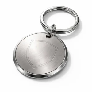 A high-realism studio photo of a round brushed stainless steel keychain tag featuring a beveled edge, a blank laser-engraved emblem on the front, and a split ring attachment. Ideal for sophisticated and durable key organization.