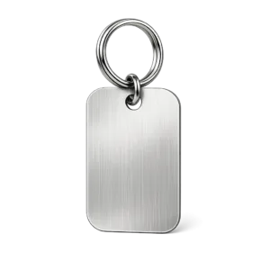 A cut-out stainless steel keychain tag showcasing a brushed finish, rounded corners for a sleek look, and a durable split ring attachment. Photographed in a professional studio on a white background for e-commerce display.