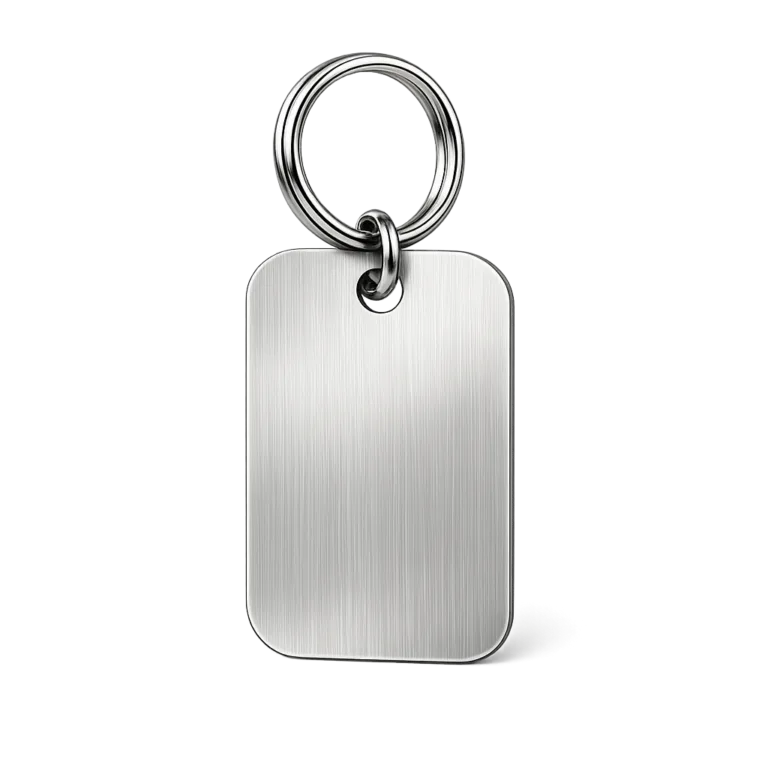A cut-out stainless steel keychain tag showcasing a brushed finish, rounded corners for a sleek look, and a durable split ring attachment. Photographed in a professional studio on a white background for e-commerce display.