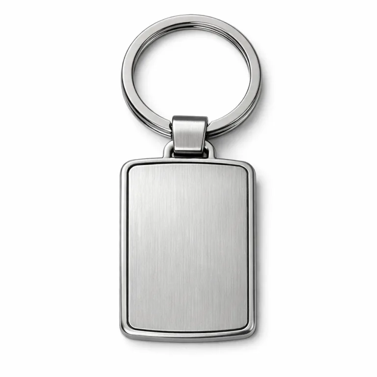 A sleek die-cast keychain tag in a brushed stainless steel finish, featuring rounded corners and a laser engraved blank emblem face. The tag is attached to a split ring, perfect for keys or bags.