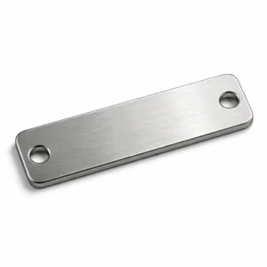 A precision-cut brushed stainless steel keychain tag featuring a rectangular design with gently rounded corners. The tag includes double holes at each end, providing versatile options for secure keyring attachment. Ideal for durable, modern key identification.