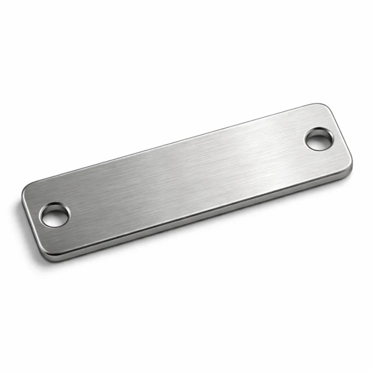 A precision-cut brushed stainless steel keychain tag featuring a rectangular design with gently rounded corners. The tag includes double holes at each end, providing versatile options for secure keyring attachment. Ideal for durable, modern key identification.