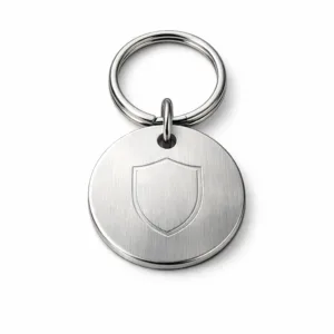 A circular stamped keychain tag in brushed stainless steel, featuring a subtle blank emblem engraving and attached to a single split ring, photographed in a high realism commercial studio setting.