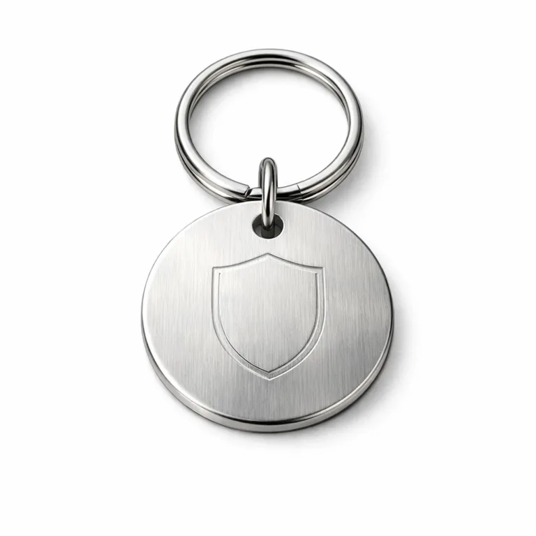 A circular stamped keychain tag in brushed stainless steel, featuring a subtle blank emblem engraving and attached to a single split ring, photographed in a high realism commercial studio setting.
