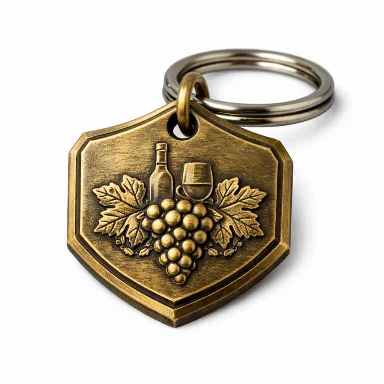 Classic antique brass finished wine tag showing a beveled edge and deep etched emblem on the front. Comes with split ring attachment, ideal for vintage or reserve wines.