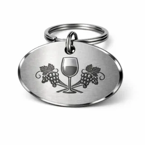 A premium brushed stainless steel wine tag with a polished edge and split ring, featuring a subtle laser engraved emblem. Perfect for collectors and limited edition bottle presentations.