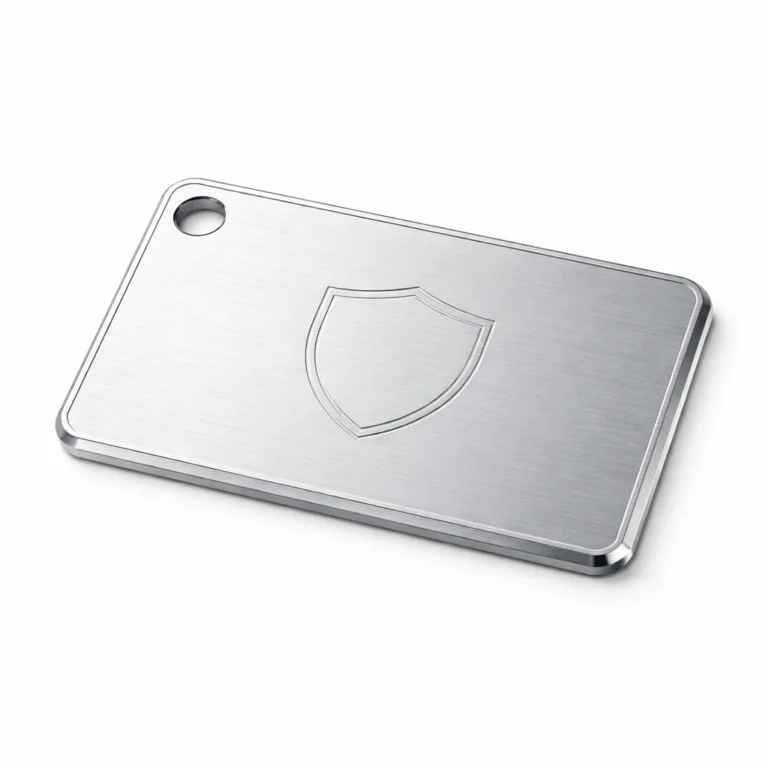An eye-catching logo tag in brushed anodized aluminum with a matte silver tone. Features a beveled edge and debossed emblem detail for modern and durable appeal.